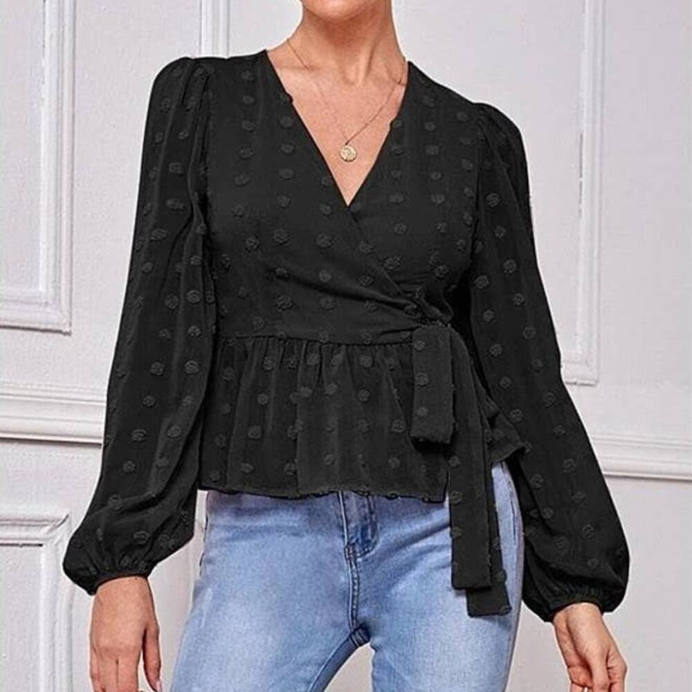 LIV Los Angeles NWT 2X Sheer Long Balloon Sleeve Tie Knot Wrap Shirt in Black